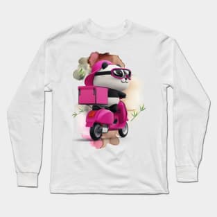 Cute Panda Riding a Pink Scooter - Adorable Panda - Kawaii Panda Long Sleeve T-Shirt